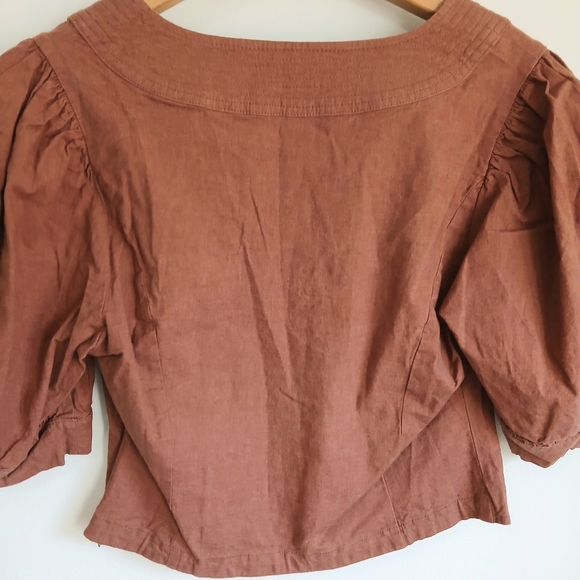 Anthropologie-Linen Blend-Scoop Neck-Puff Sleeve-Crop Corset-Rust-Size M-NWT - Picture 11 of 12